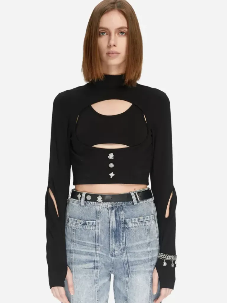 Women C2H4 005 - Arc Layered Hollowed-Out Fitted Jumper