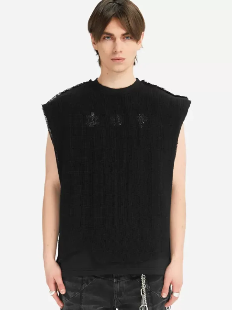 Men C2H4 005 - Distressed Knit Meshing Layered Vest