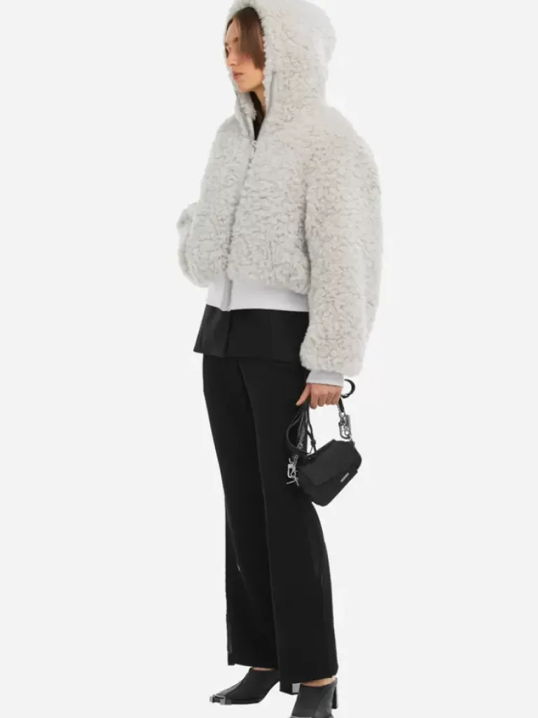 Women C2H4 006 - Leather Stripe Faux-Fur Hooded Jacket