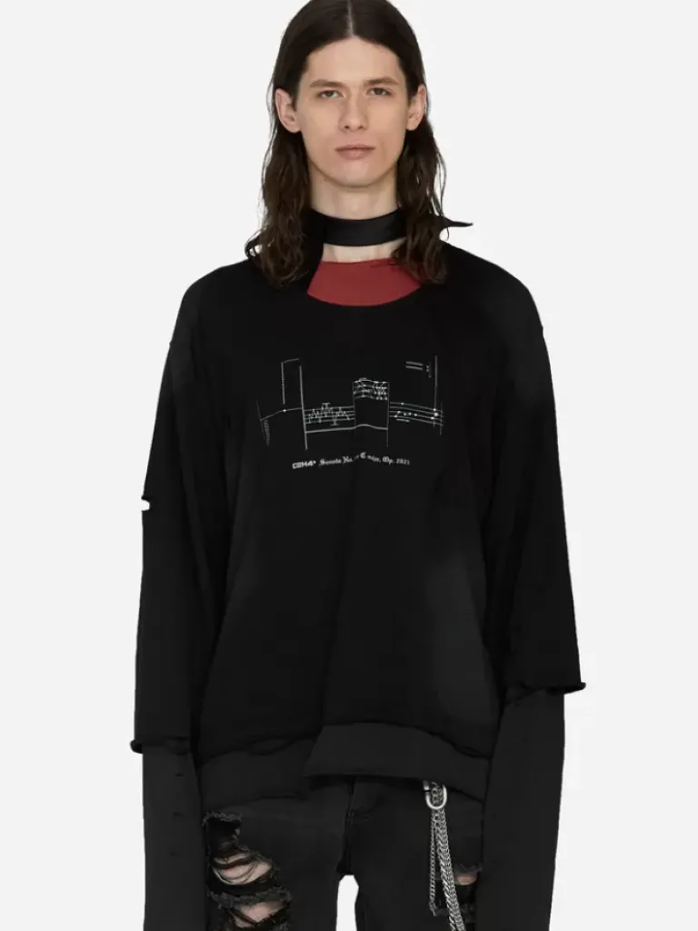 Men C2H4 003 - Panelled Distressed Double Layer Long-Sleeve T-Shirt