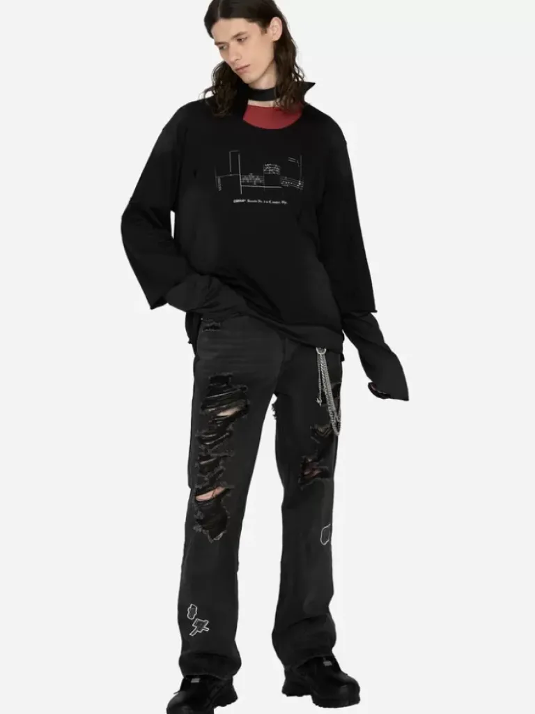 Men C2H4 003 - Panelled Distressed Double Layer Long-Sleeve T-Shirt