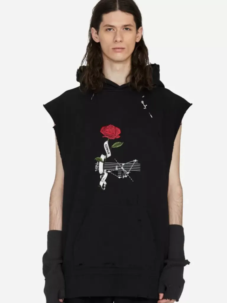 Men C2H4 003 - "Rose On Score" Distressed Sleeveless Hoodie