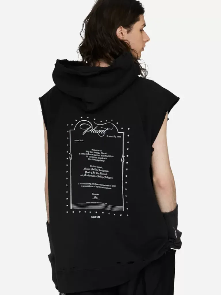 Men C2H4 003 - "Rose On Score" Distressed Sleeveless Hoodie