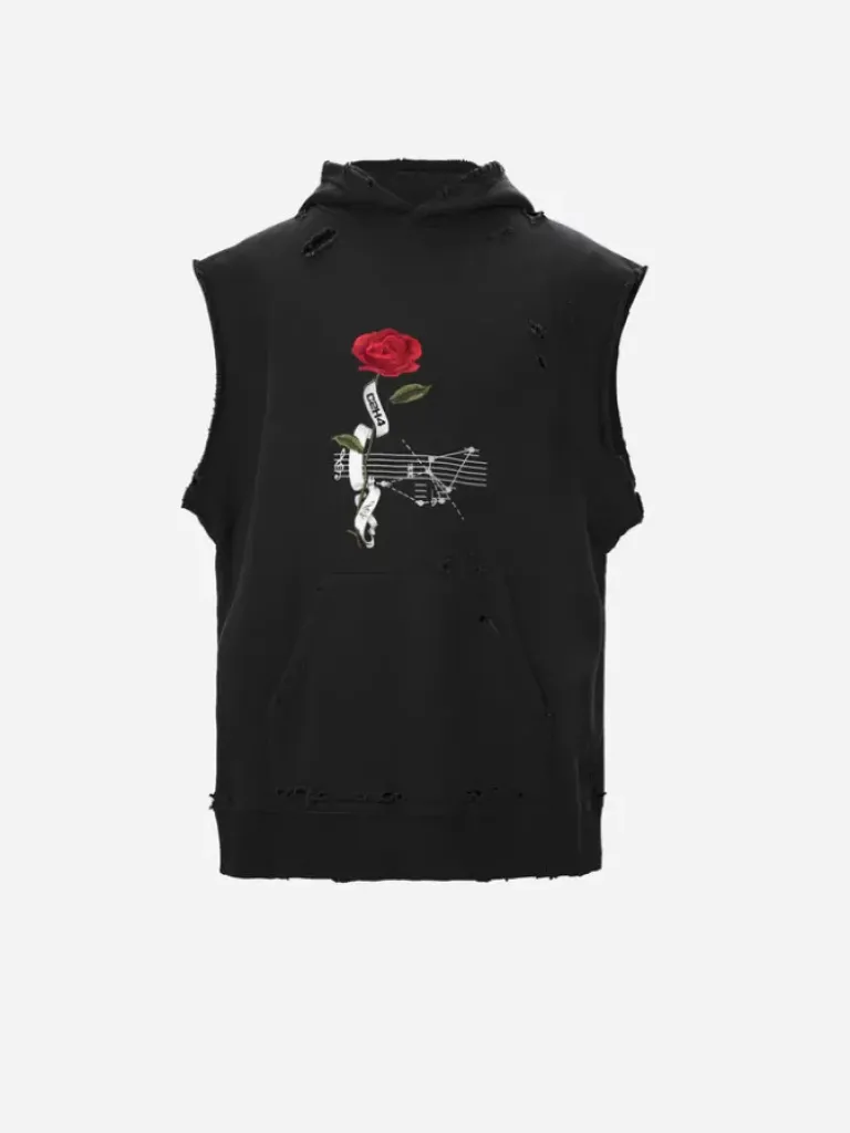 Men C2H4 003 - "Rose On Score" Distressed Sleeveless Hoodie