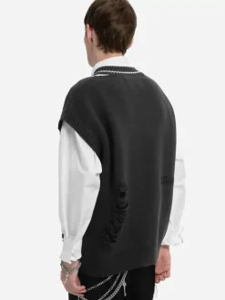 Men C2H4 Staff Uniform Distressed V-Neck Sleeveless Knit Vest