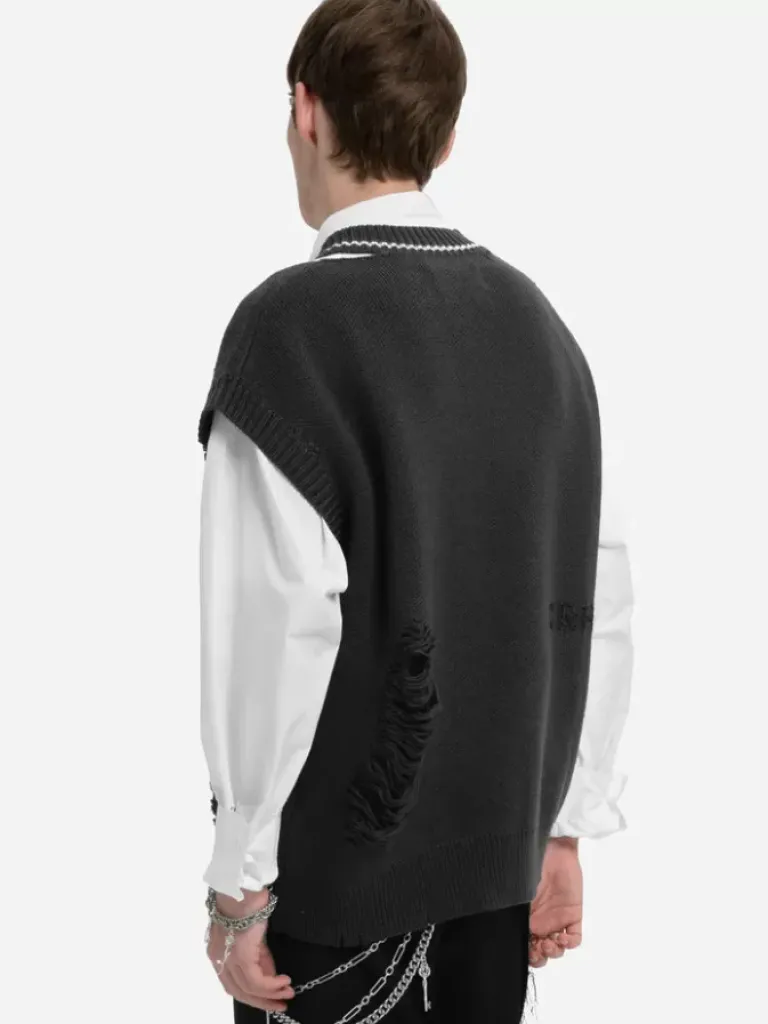 Men C2H4 Staff Uniform Distressed V-Neck Sleeveless Knit Vest