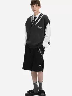 Men C2H4 Staff Uniform Distressed V-Neck Sleeveless Knit Vest