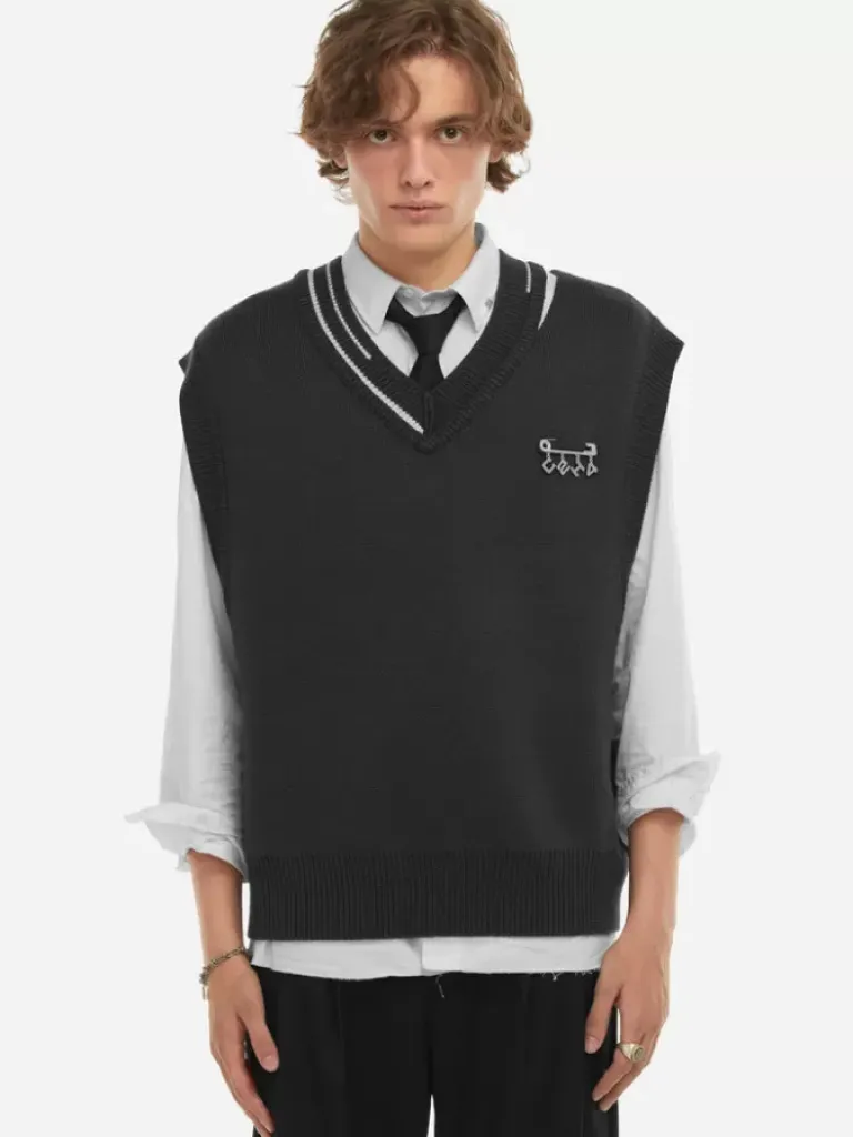 Men C2H4 Staff Uniform Distressed V-Neck Sleeveless Knit Vest
