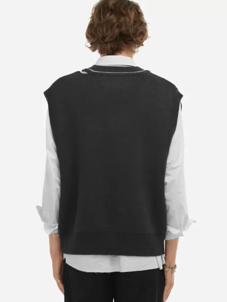 Men C2H4 Staff Uniform Distressed V-Neck Sleeveless Knit Vest
