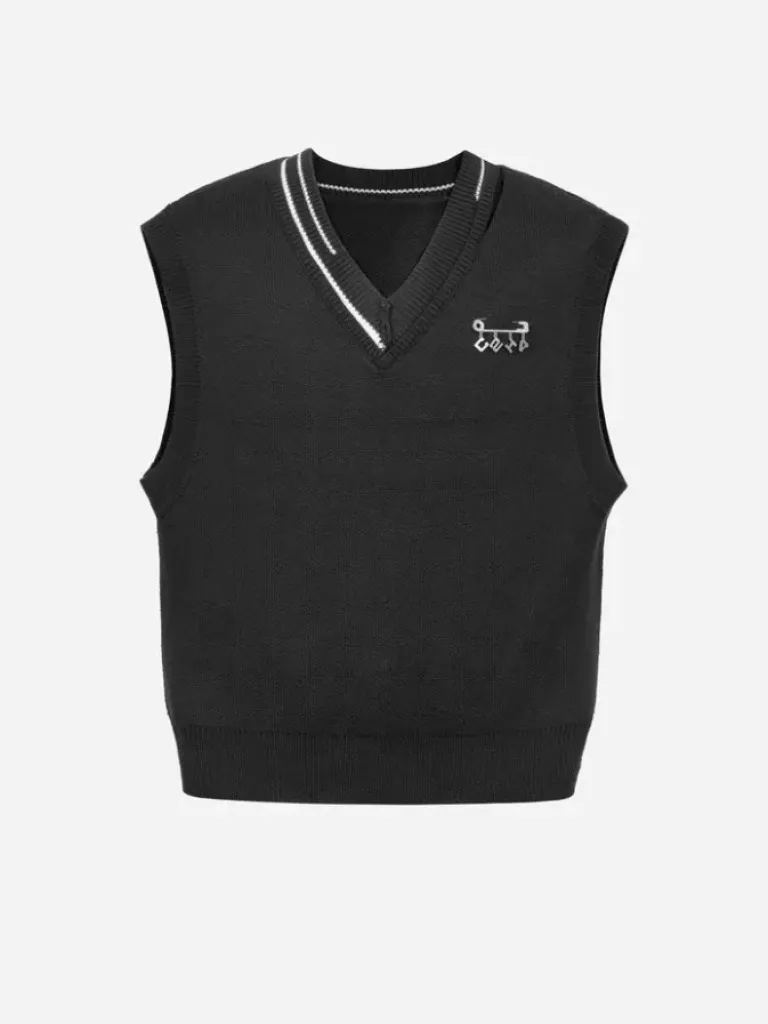 Men C2H4 Staff Uniform Distressed V-Neck Sleeveless Knit Vest